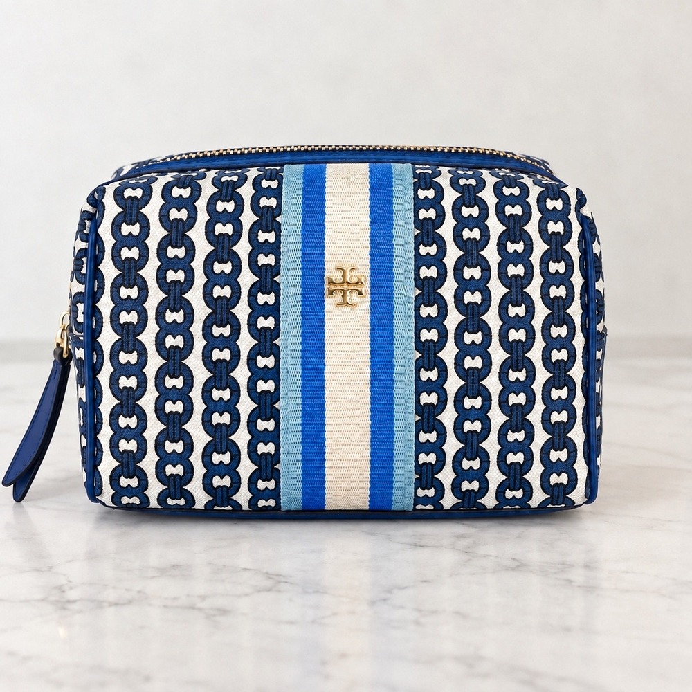 NWT Tory Burch Gemini Link Canvas Small Cosmetic Case Blue Stripe Makeup Bag